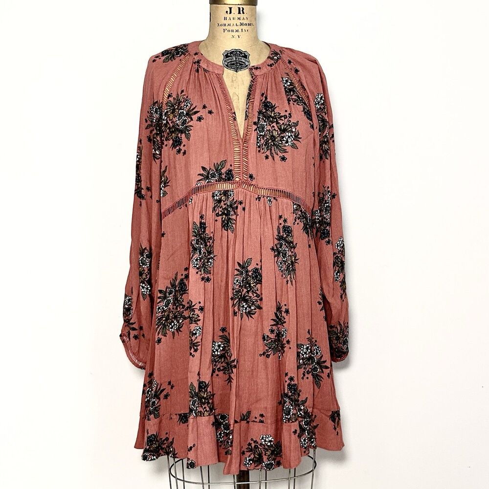 Umgee Boho Floral Babydoll Dress Rust Terracotta Mini Flowey Peasant M
